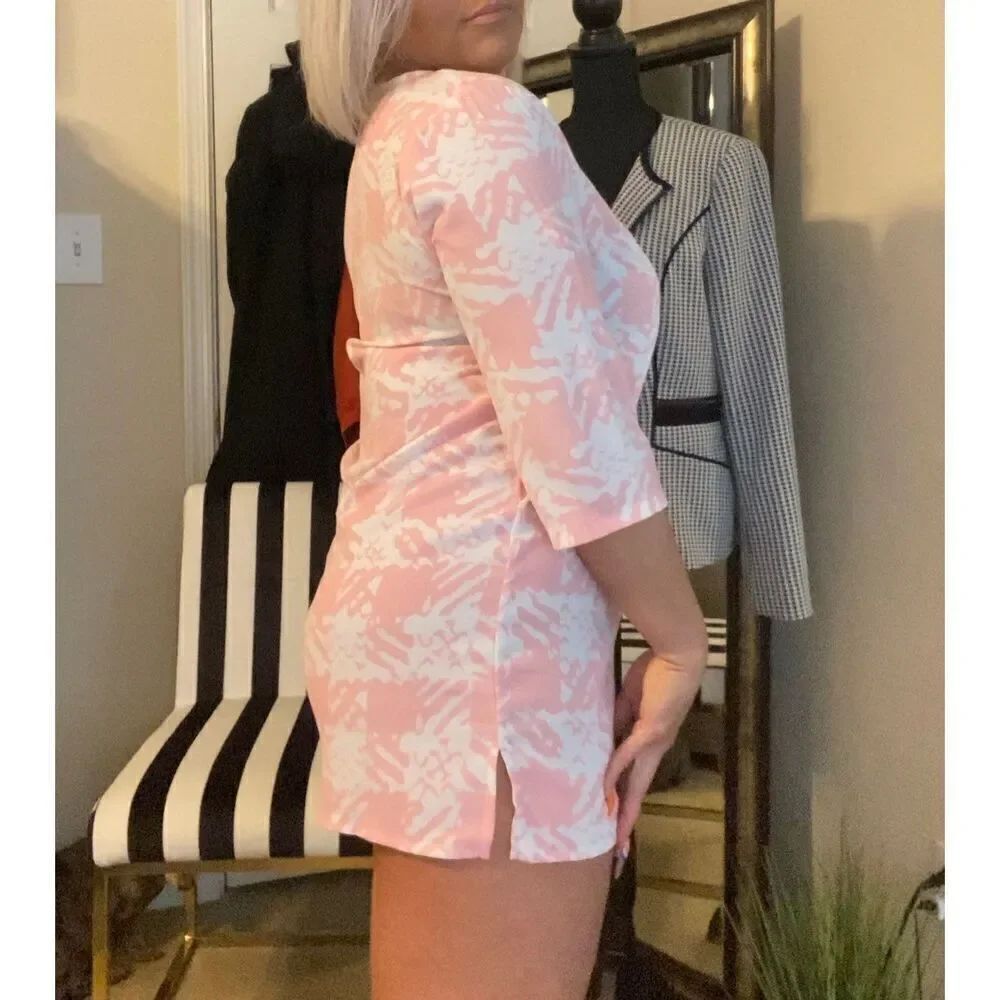 Light Pink Large Houndstooth Printed Mini Dress